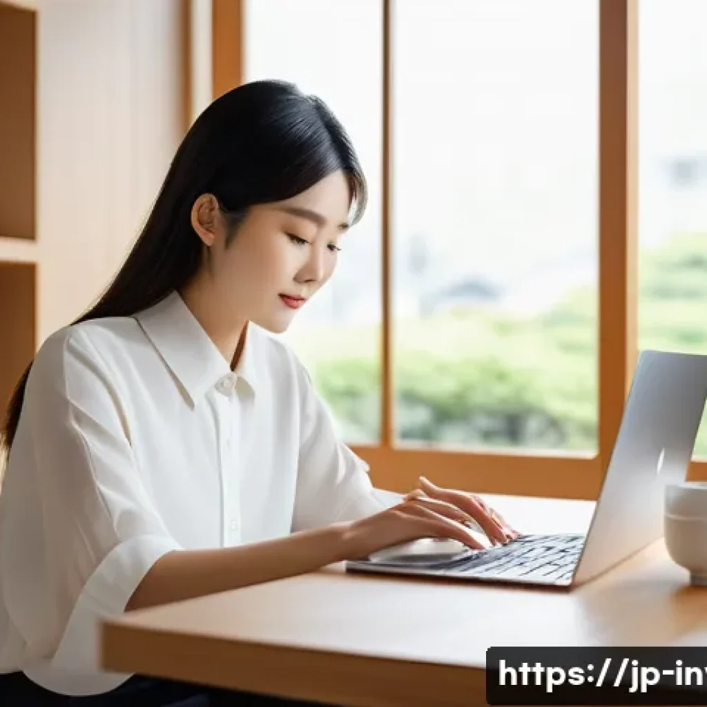 주식 적립식 투자 전략 - A serene Japanese home office scene featuring a young Japanese professional woman in casual modern a...