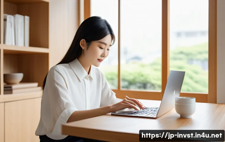 주식 적립식 투자 전략 - A serene Japanese home office scene featuring a young Japanese professional woman in casual modern a...