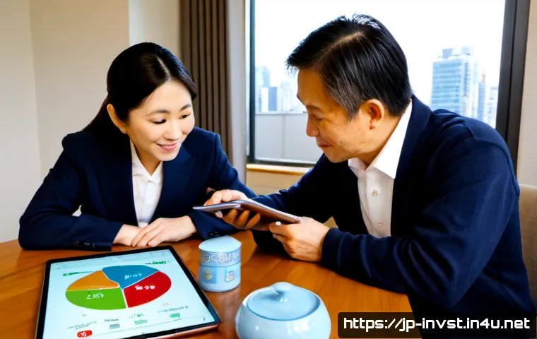 주식 ETF로 연금 준비 - Photorealistic Japanese couple in their early 60s calmly planning retirement at a bright dining tabl...
